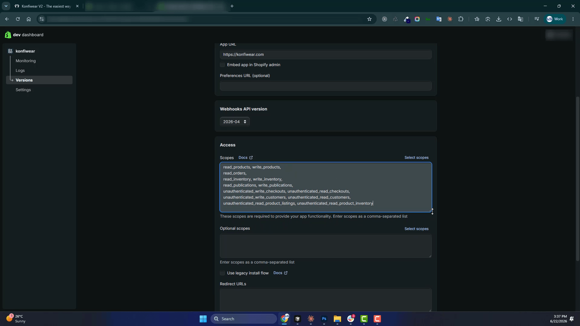 Shopify app configuration showing permissions and connection settings for Konfiwear